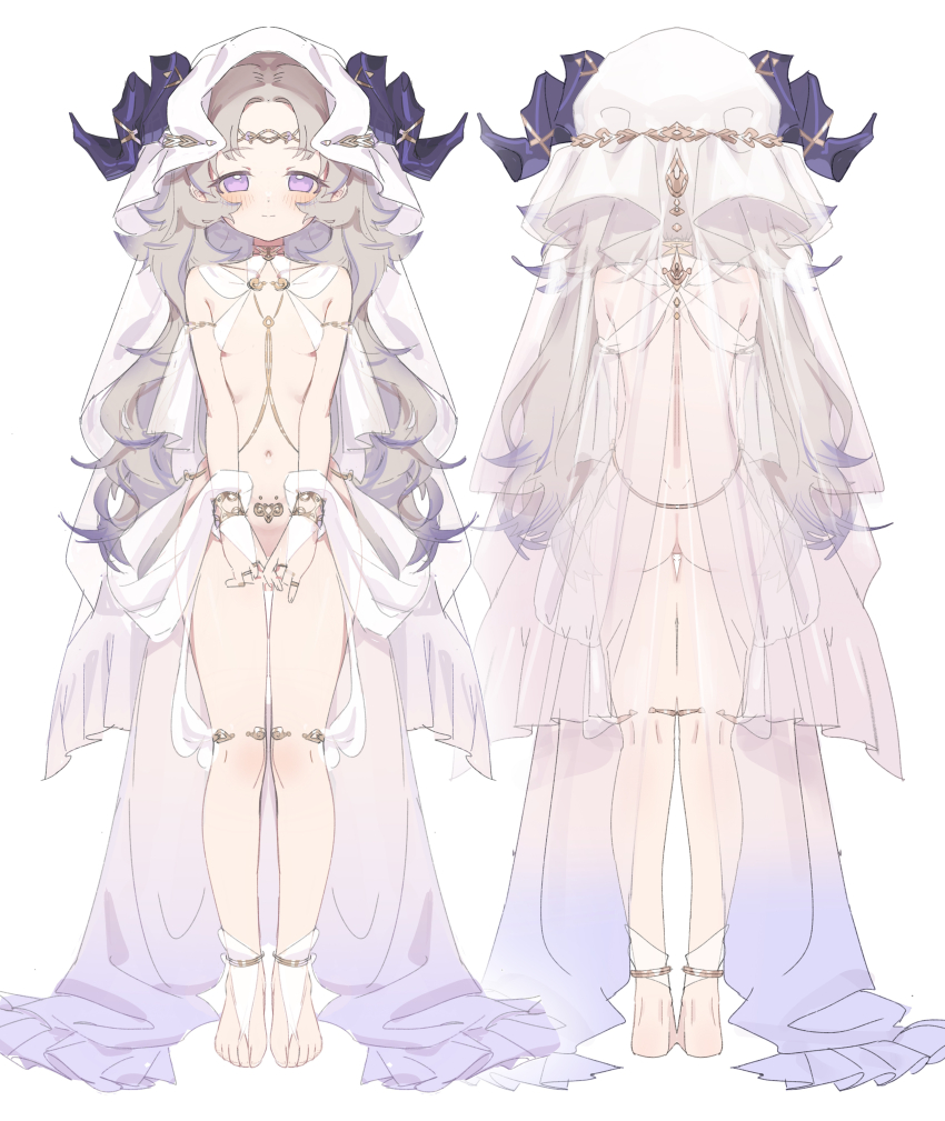1girl absurdres ass back blush breasts bridal_gauntlets bridal_legwear brown_hair chain choker circlet commentary curled_horns from_behind full_body gold_chain gold_diadem gradient_hair highres horns long_hair looking_back multicolored_hair multiple_views navel nemo_(leafnight) original own_hands_together parted_bangs purple_eyes purple_hair revealing_clothes simple_background small_breasts smile standing straight-on v_arms veil waist_cape white_bridal_gauntlets white_veil