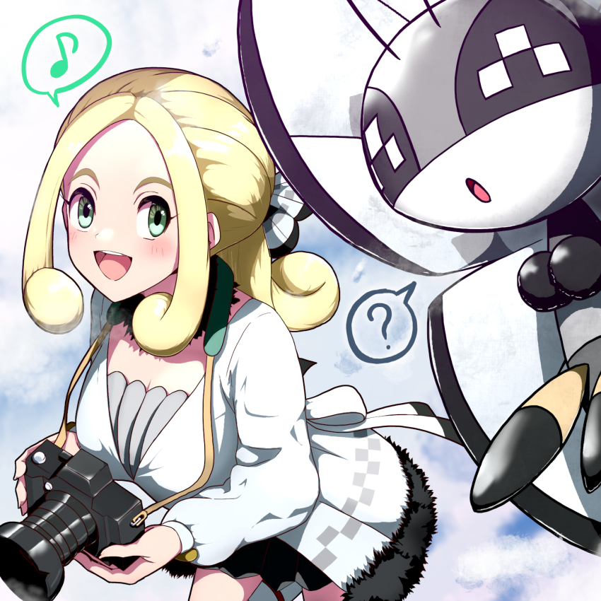 1girl ? breasts butterfly_wings camera cleavage coat gen_6_pokemon green_eyes highres hitofudegaki_usagi holding holding_camera insect_wings medium_breasts musical_note nintendo official_alternate_costume pokemon pokemon_(creature) pokemon_masters_ex ponytail viola_(holiday_2023)_(pokemon) viola_(pokemon) vivillon vivillon_(icy_snow) white_coat wings