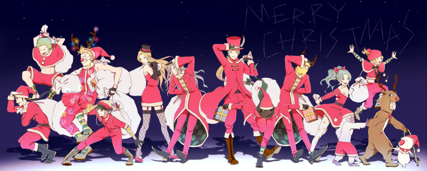 blonde_hair cyan_garamonde celes_chere christmas closed_mouth edgar_roni_figaro final_fantasy final_fantasy_vi gau gogo green_hair hat highres hiromyan locke_cole long_hair sabin_rene_figaro mog multiple_boys multiple_girls open_mouth ultros relm_arrowny santa_hat setzer_gabbiani shadow_(ff6) smile strago_magus thighhighs tina_branford umaro