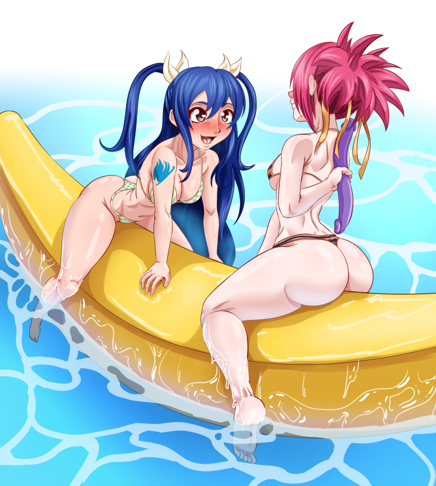 2girls absurdres arm_behind_back arm_support arm_tattoo ass banana_boat bikini blue_bikini blue_hair blush body_blush breasts cleavage dildo double_dildo excited fairy_tail feet female_focus full_body gingham green_bikini hair_ribbon halterneck hidden_face highres holding holding_behind_back holding_sex_toy imminent_penetration inflatable_banana inflatable_raft karuro-kun large_breasts leaning_forward long_hair looking_at_another median_furrow micro_bikini multicolored_bikini multiple_girls naughty_face navel ocean open_mouth orange_bikini pink_hair purple_eyes ribbon sex_toy sheria_blendy shiny_skin sideboob smile soles straddling string_bikini striped_bikini striped_clothes swimsuit tareme tattoo thong_bikini twintails underboob very_long_hair water wendy_marvell wet yuri