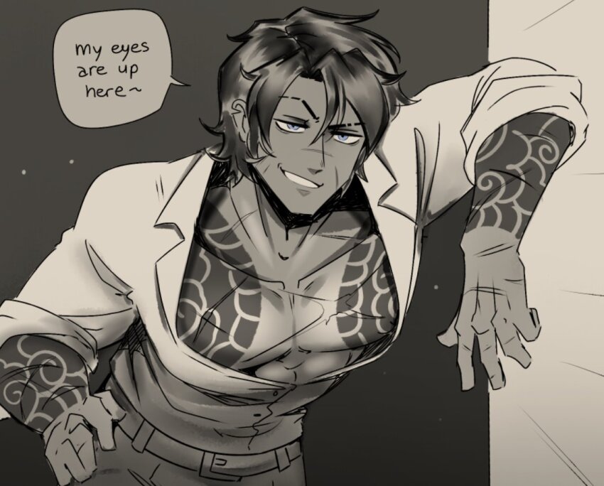 1boy arm_on_wall collared_shirt cowboy_shot cursedxwt eyebrow_cut grin hand_on_own_hip heathcliff_(project_moon) irezumi kurokumo_clan_(identity)_(project_moon) leaning_forward limbus_company looking_at_viewer male_focus monochrome multiple_scars muscular muscular_male pectoral_cleavage pectoral_focus pectorals project_moon scar shirt short_hair simple_background sketch smile solo speech_bubble tattoo
