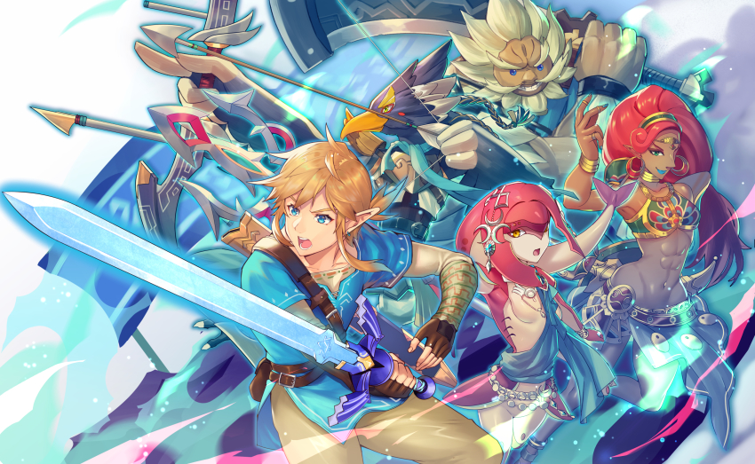 2girls 3boys bashikou beard big_hair bird black_gloves blonde_hair blue_eyes blue_lips blue_shirt bow_(weapon) breasts colored_skin commentary_request dark_skin daruk earrings facial_hair fins fish_girl gerudo gloves goron green_eyes hair_ornament highres holding holding_sword holding_weapon hoop_earrings jewelry link lipstick long_hair makeup master_sword medium_breasts mipha monster_girl multicolored_skin multiple_boys multiple_girls muscular muscular_female nintendo no_eyebrows pointy_ears red_hair red_skin revali shirt smile sword the_legend_of_zelda the_legend_of_zelda:_breath_of_the_wild urbosa weapon yellow_eyes zora