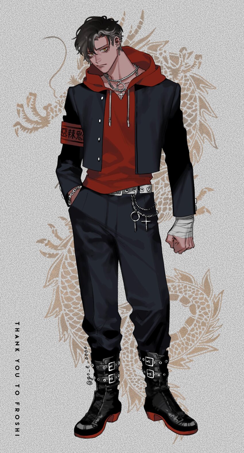 1boy absurdres animal_background armband artist_name asymmetrical_bangs bandaged_hand bandages belt belt_chain black_boots black_hair black_jacket black_pants boot_straps boots borrowed_character bousouzoku bracelet buttons chain chain_necklace clenched_hand closed_mouth collarbone colored_shoe_soles combat_boots commission commissioner_name cropped_jacket cross delinquent ear_piercing earrings english_text film_grain full_body gakuran go_e_0000 grey_hair hand_in_pocket high_heel_boots high_heels highres hood hood_down hoodie jacket jewelry latin_cross lips looking_at_viewer male_focus multicolored_hair multiple_necklaces multiple_piercings necklace original pants pants_tucked_in parted_bangs piercing red_armband red_hoodie school_uniform skeb_commission solo standing thank_you two-tone_hair white_belt yellow_eyes