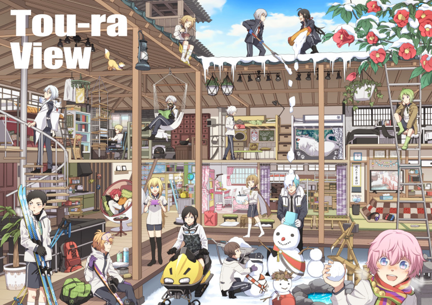 6+boys :d ahoge akita_toushirou atsushi_toushirou bed black_gloves black_hair black_legwear blonde_hair blue_eyes blue_gloves book bookshelf brown_eyes brown_hair bunk_bed camellia chair curtains closed_eyes flower fox gloves goggles goggles_around_neck goggles_on_head gokotai gokotai&#039;s_tigers gotou_toushirou green_hair grey_eyes hakata_toushirou hakusan_yoshimitsu hakusan_yoshimitsu&#039;s_fox hirano_toushirou honebami_toushirou houchou_toushirou ichigo_hitofuri itou_(mogura) jacket kiwame_(touken_ranbu) kotatsu ladder lamp crossed_legs maeda_toushirou male_focus midare_toushirou mouri_toushirou multiple_boys nakigitsune nakigitsune&#039;s_fox namazuo_toushirou open_mouth pants pink_hair plant ponytail potted_plant purple_eyes reading red_gloves red_hair scarf shinano_toushirou shorts shovel sitting ski_goggles skis smile snow snowman squatting stairs table television thighhighs tiger touken_ranbu track_pants wheelbarrow white_hair white_tiger winter yagen_toushirou