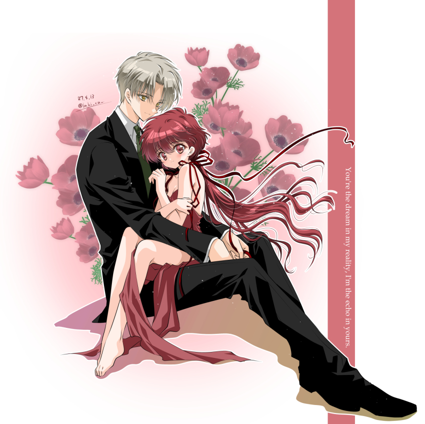 1boy 1girl age_difference alternate_costume alternate_hairstyle barefoot black_pants black_shoes breasts cleavage closed_mouth couple dress eagle_vision english_text flower flower_request formal_clothes green_necktie grey_hair hand_up highres laki_(laki_cu) long_hair low_ponytail magic_knight_rayearth necktie outline pale_skin pants ponytail red_dress red_eyes red_flower red_hair shidou_hikaru shoes signature sitting sitting_on_lap sitting_on_person smile suit very_long_hair white_outline yellow_eyes