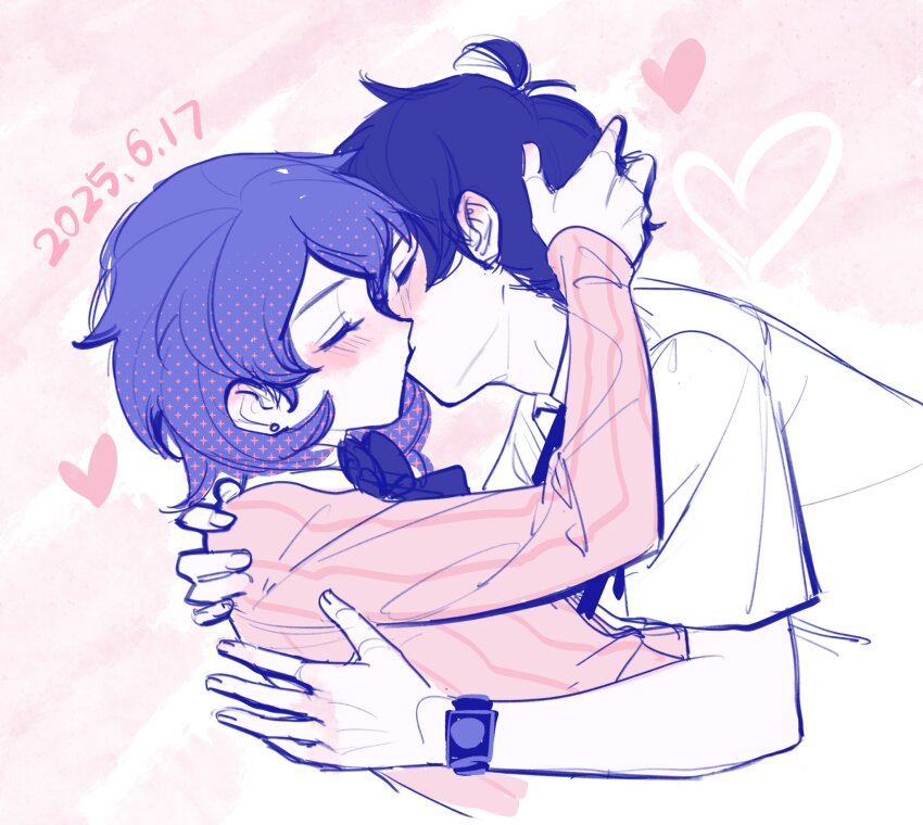 1boy 1girl blush bow bowtie cardigan closed_eyes collared_shirt commentary couple dated ear_blush earrings english_commentary flipped_hair from_side gekkoukan_high_school_uniform hand_on_another&#039;s_head hand_on_another&#039;s_shoulder heart highres jewelry kiss long_sleeves neck_ribbon persona persona_3 pink_cardigan profile ribbed_cardigan ribbon rrrrrrrrrrrou1 school_uniform shirt short_hair short_sleeves stud_earrings takeba_yukari upper_body watch white_shirt wristwatch yuuki_makoto_(persona_3)