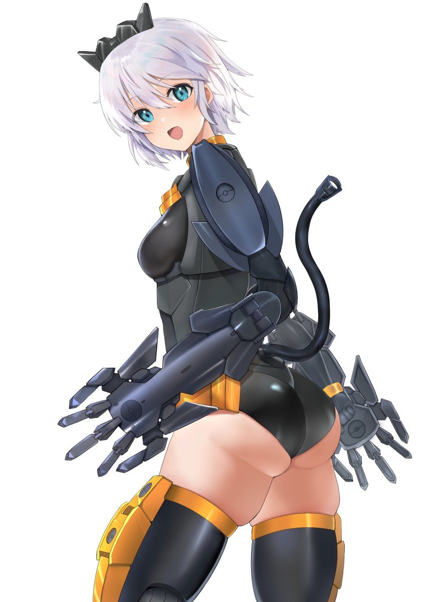 1girl 30_minutes_sisters absurdres ass black_boots black_leotard blue_eyes blush boots breasts cable cable_tail clenched_hand doll_joints from_behind grey_hair hair_behind_ear highres joints leotard looking_at_viewer looking_back mechanical_tail open_hand open_mouth rishetta_(30ms) short_hair skindentation small_breasts smile solo tail thigh_boots tirano_rinko
