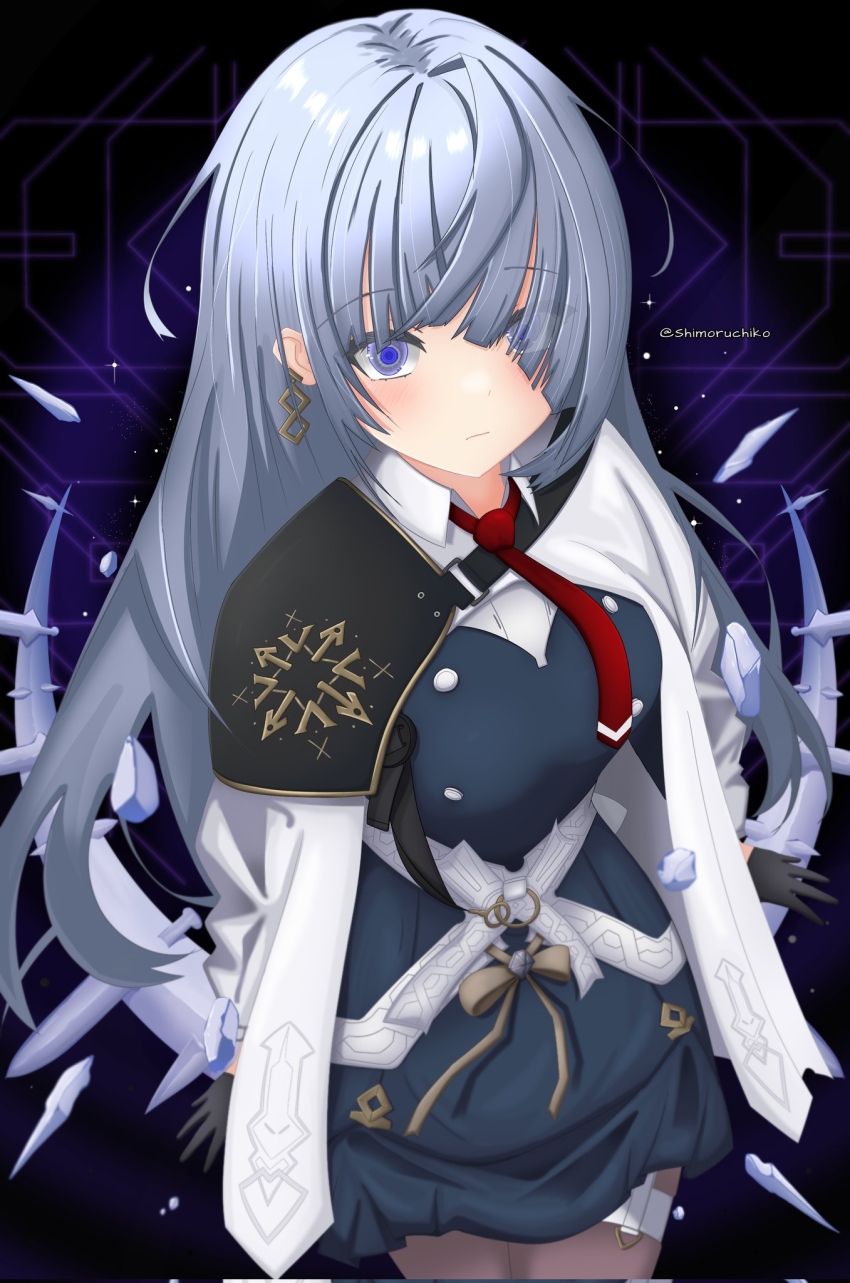 1girl arcaea black_gloves black_pantyhose black_skirt bow collared_shirt earrings expressionless from_above gloves hair_between_eyes highres insight_(arcaea) jewelry long_sleeves necktie pantyhose purple_eyes red_necktie shimoruchiko shirt single_shoulder_pad skirt smile solo thigh_strap white_hair white_shirt yellow_bow