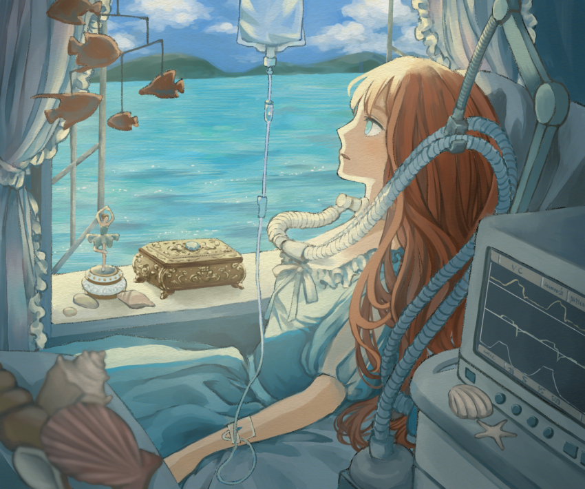 1girl blue_dress blue_eyes box brown_hair cardiogram check_commentary cloud commentary_request curtains day dress gucheng_jianglixiang highres intravenous_drip jewelry_box long_hair mask mobile ocean open_window original respirator seashell shell short_sleeves sitting solo tracheotomy water window