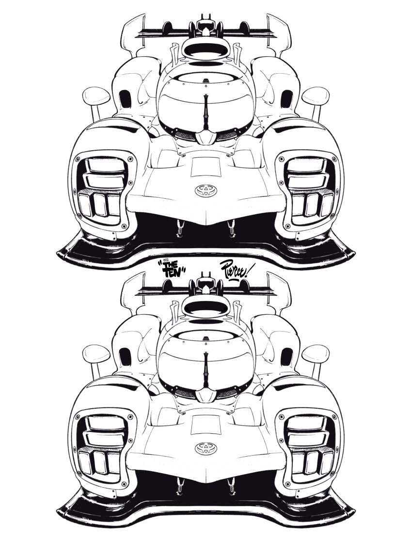 absurdres car greyscale highres le_mans_prototype lineart monochrome motor_vehicle no_humans race_vehicle racecar simple_background spoiler_(automobile) toyota toyota_gr010 vehicle_focus white_background will_pierce world_endurance_championship