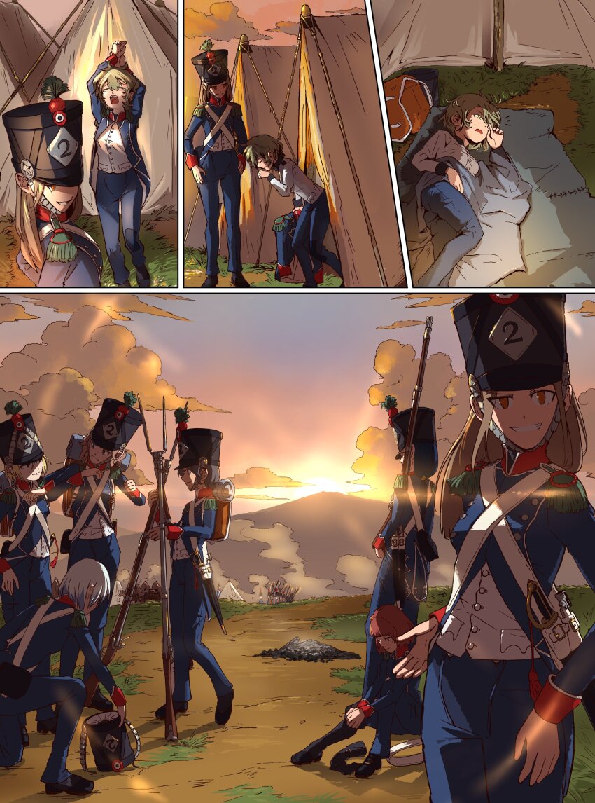 6+girls absurdres antique_firearm bayonet boots cloud day dressing firearm france french_army french_clothes gun hat highres long_hair military_hat military_uniform mountain multiple_girls musket original pants shako_cap short_hair sunrise tent waking_up weapon zeinikunosekai