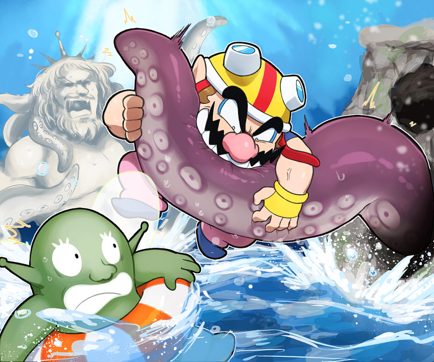 2boys biting blue_footwear brown_hair clenched_teeth creature facial_hair fingerless_gloves gloves goggles goggles_on_headwear helmet hoshi_(star-name2000) multiple_boys mustache nintendo open_mouth pants pink_pants pointy_ears teeth tentacles wario warioware warioware:_get_it_together! water yellow_gloves