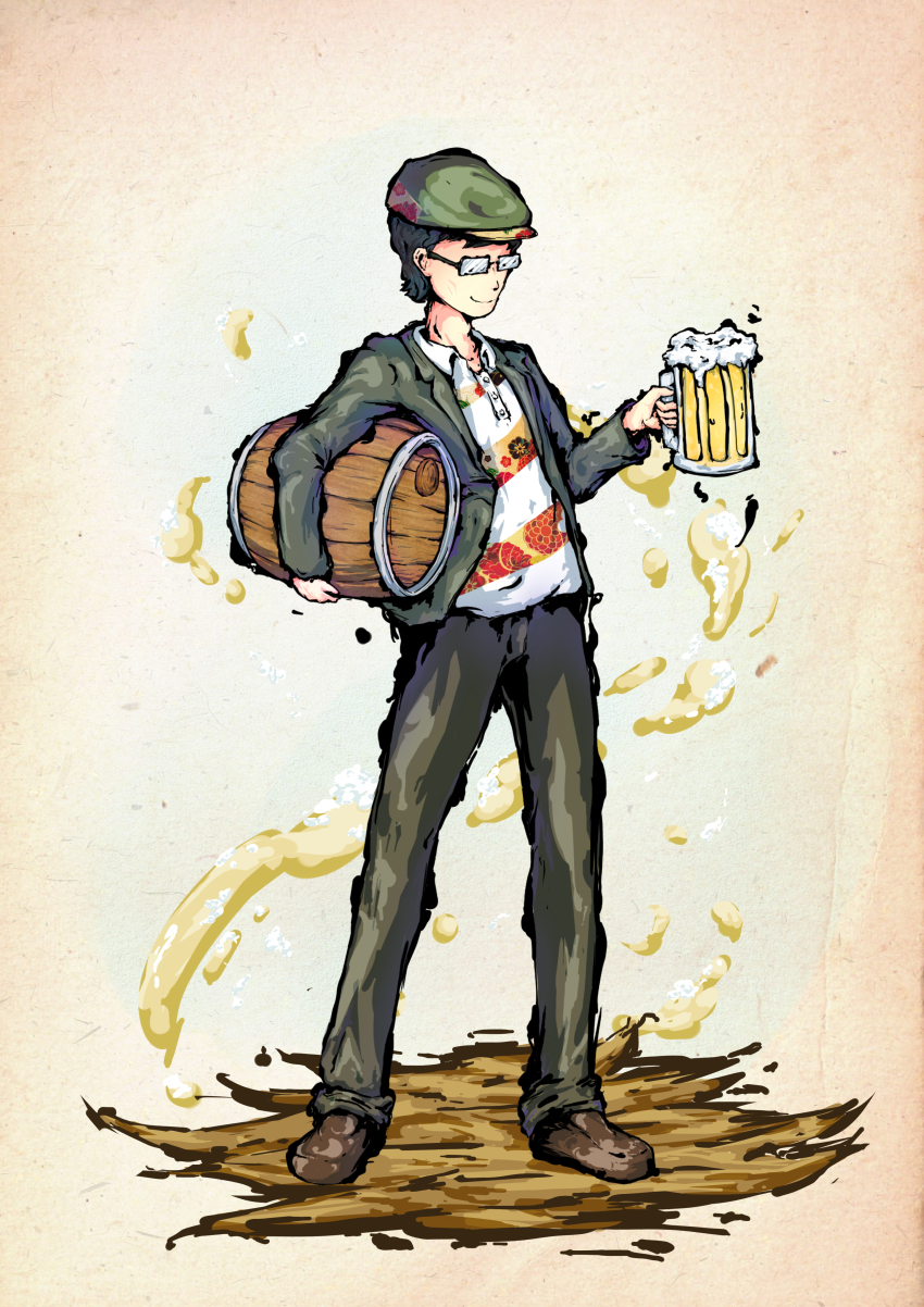 1boy absurdres alcohol beer beer_keg beer_mug black_hair black_pants brown_footwear buttons closed_mouth coat collared_shirt cup full_body glasses green_coat highres holding holding_cup hyoutan_tan long_sleeves mug pants shirt short_hair simple_background smile solo standing touhou white_shirt zun zun_hat