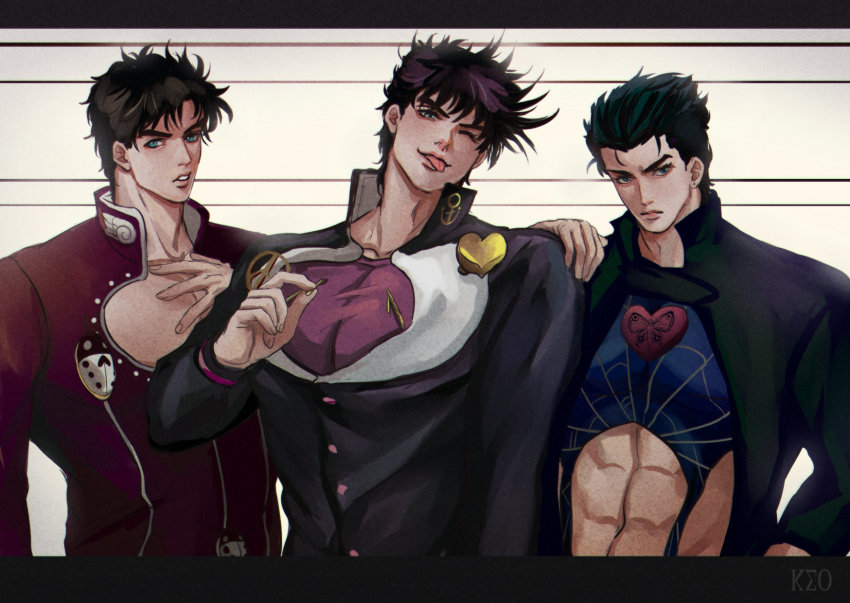 3boys :p battle_tendency black_hair brown_hair bug butterfly cosplay gakuran giorno_giovanna giorno_giovanna_(cosplay) green_eyes hand_on_own_chest heart higashikata_josuke higashikata_josuke_(cosplay) high_collar highres insect jojo_no_kimyou_na_bouken jonathan_joestar joseph_joestar joseph_joestar_(young) joseph_joestar_(young)_(cosplay) kujo_jolyne_(cosplay) kuujou_jolyne kuujou_joutarou ladybug long_coat male_focus midriff multiple_boys one_eye_closed oppi_(ksop28) phantom_blood school_uniform stardust_crusaders tongue tongue_out