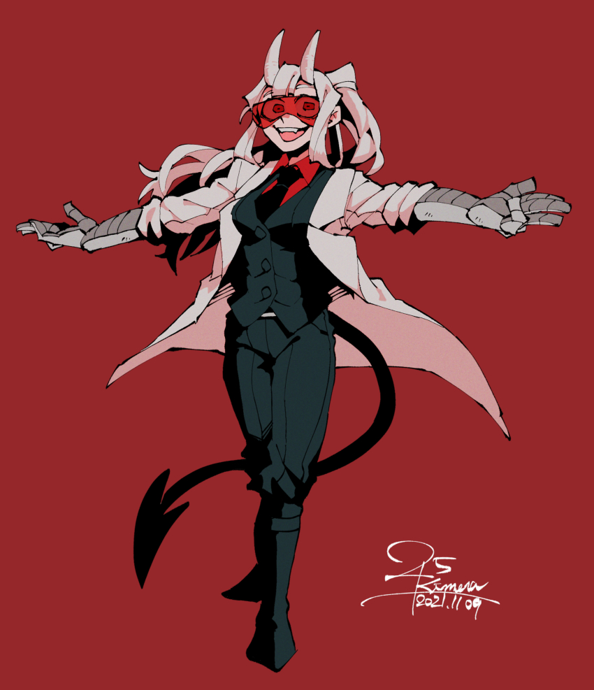 1girl 25_kimera azazel_(helltaker) demon_girl demon_horns formal_clothes helltaker highres horns lab_coat long_hair looking_at_viewer loremaster_(helltaker) pants ponytail solo suit white_hair