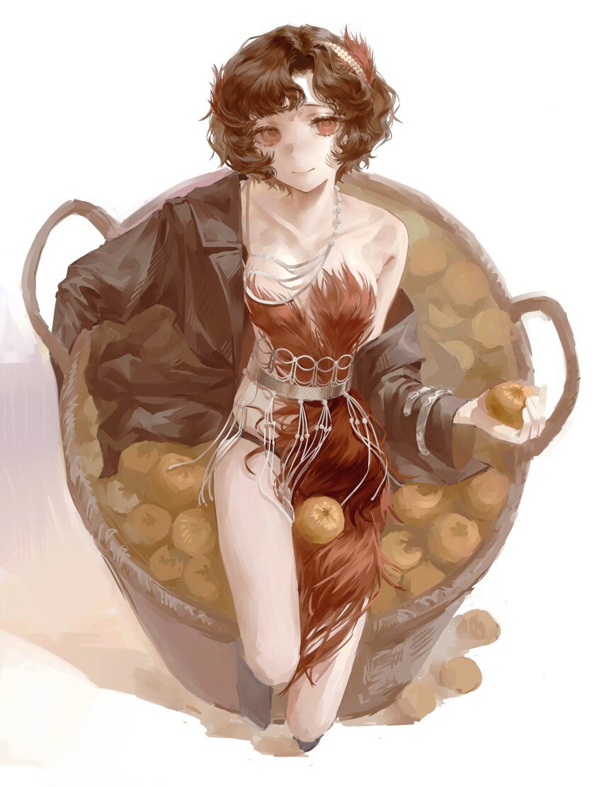 1girl black_coat black_hair breasts bucket coat dress feather_dress feather_hair_ornament feathers food from_above fruit full_body hair_ornament hand_up highres holding holding_food holding_fruit in_bucket in_container jewelry medium_breasts necklace orange_(fruit) red_dress red_eyes red_feathers reverse:1999 schneider_(reverse:1999) short_hair single_bare_shoulder single_off_shoulder sitting smile solo strapless strapless_dress white_background xy_mt2528