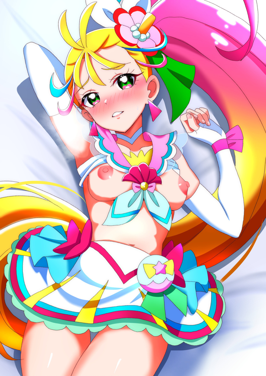 1girl arms_up bed_sheet blonde_hair blush breasts earrings female_focus fingerless_gloves gloves green_eyes highres jewelry long_hair looking_at_viewer lying medium_breasts momotarouooi multicolored_hair navel nipples non-web_source on_back pink_hair ponytail sailor_collar skirt solo tagme very_long_hair
