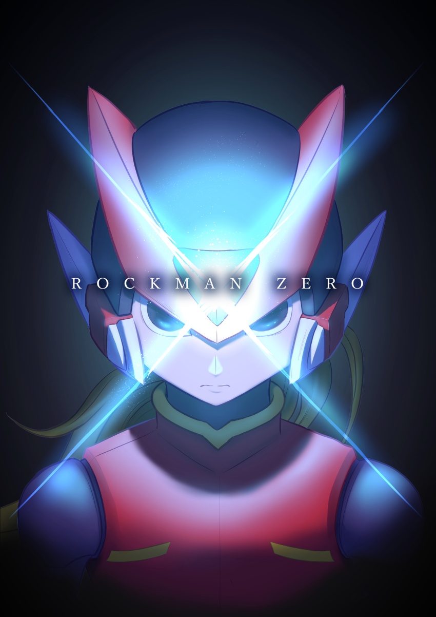 1boy absurdres armor black_eyes blonde_hair copyright_name dark_background forehead_jewel glowing helmet highres long_hair male_focus mega_man_(series) mega_man_day mega_man_zero_(series) naoya94063135 red_armor red_helmet solo upper_body zero(z)_(mega_man) zero_(mega_man)