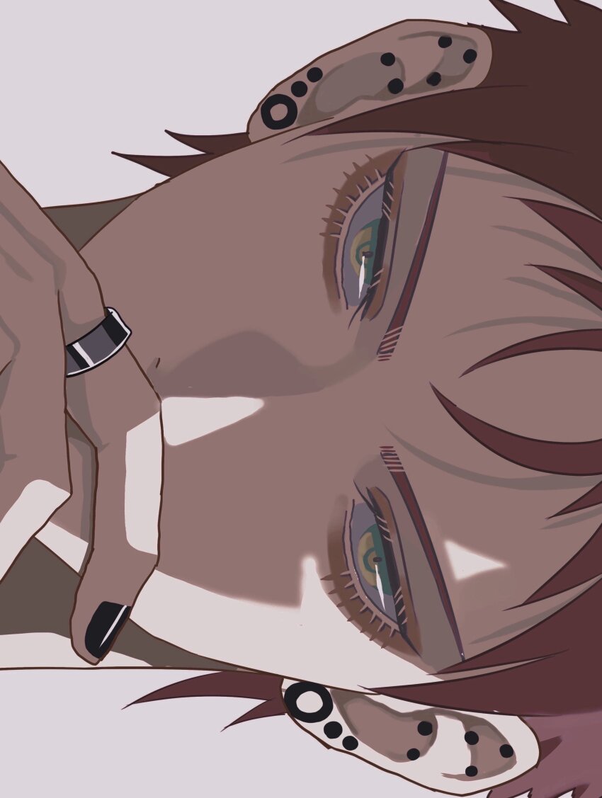 1boy absurdres black_nails close-up commentary_request covering_own_mouth ear_piercing earrings eyelashes harai_kuko highres hijiki821 hypnosis_mic jewelry looking_at_viewer male_focus multiple_piercings nail_polish piercing pink_eyes red_hair ring short_hair sideways solo