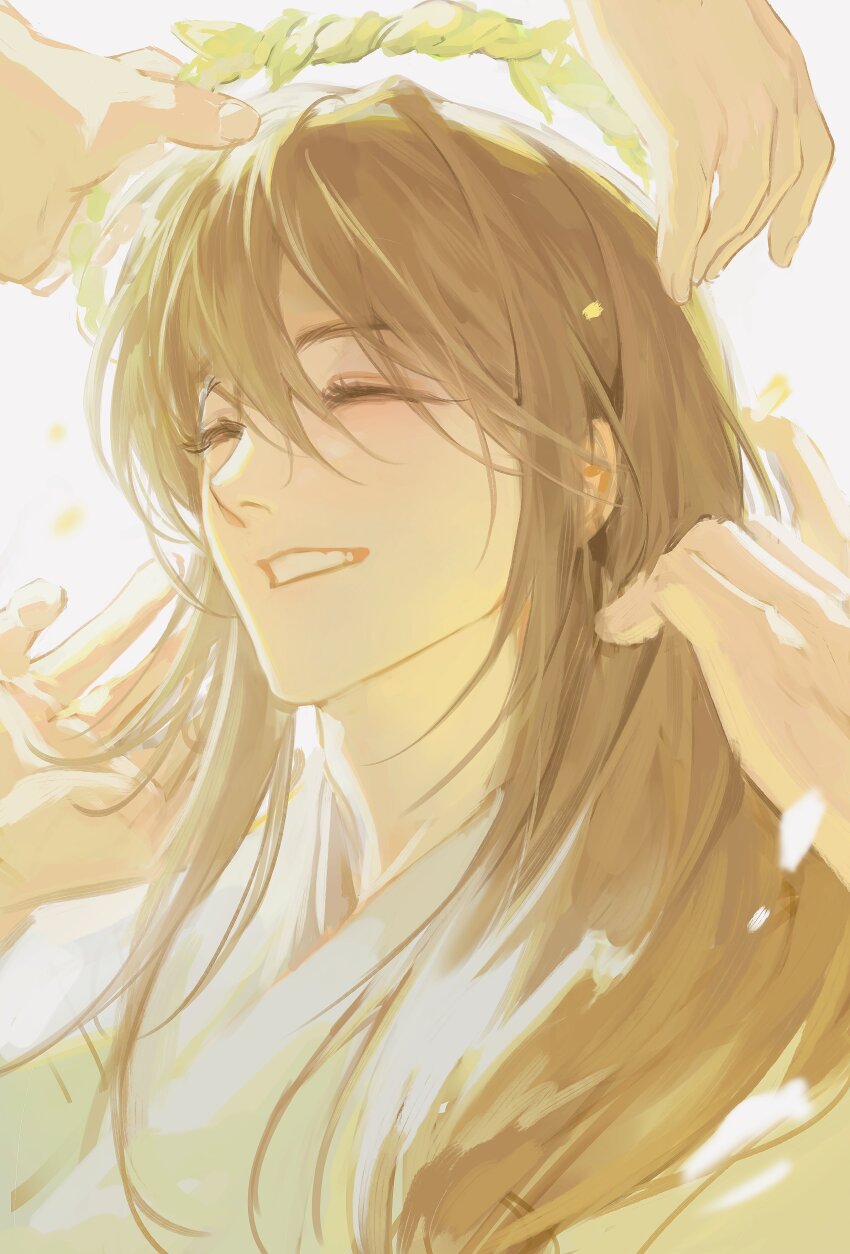 1boy absurdres adam&#039;s_apple chinese_clothes closed_eyes grin hand_in_another&#039;s_hair hanfu head_wreath highres holding_head_wreath jigam jinhongi korean_commentary limited_palette long_hair male_focus out_of_frame seol_young simple_background smile upper_body white_background white_hanfu