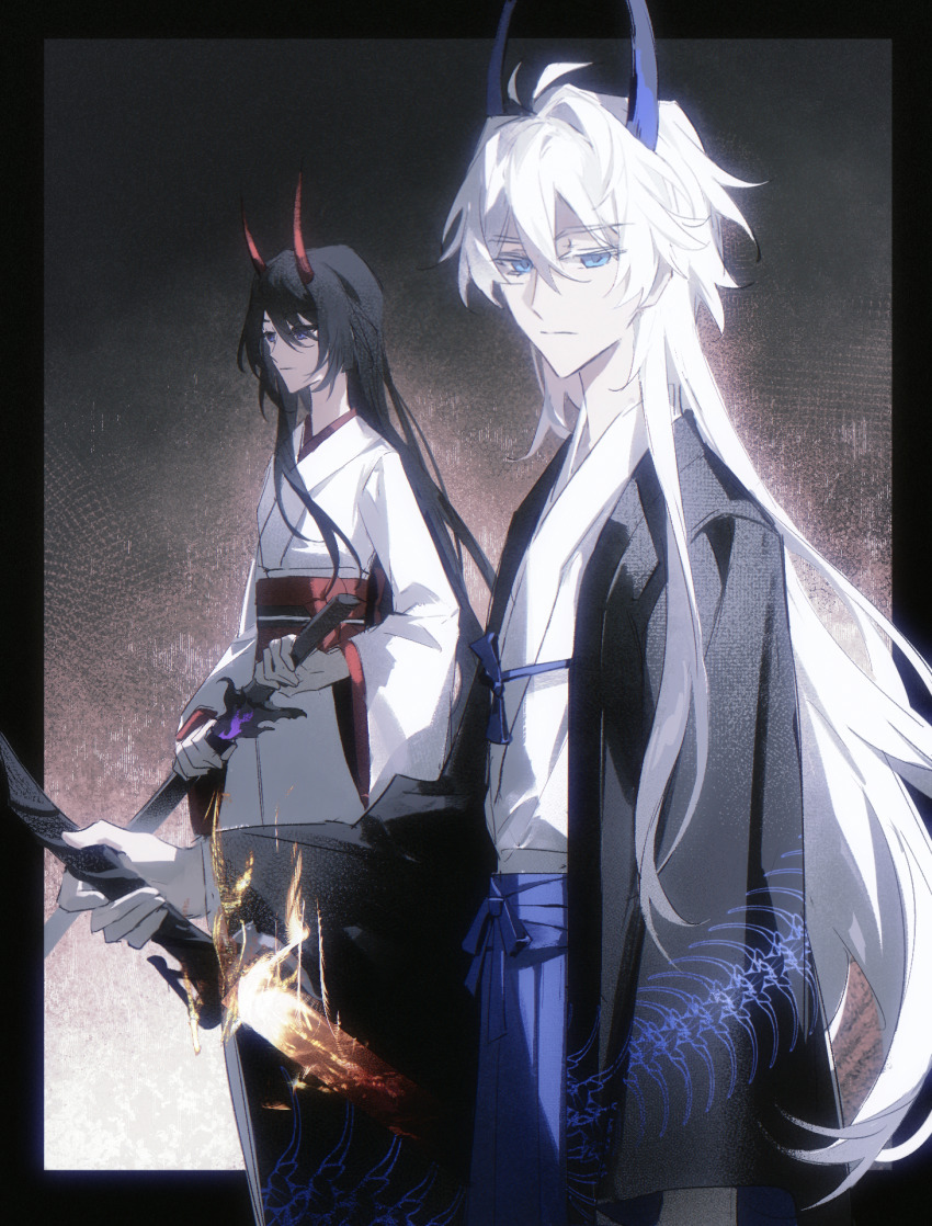 1boy 1girl acheron_(honkai:_star_rail) acheron_(izumo)_(honkai:_star_rail) blue_eyes blue_horns chinese_commentary closed_mouth couple fire from_side gradient_background hair_between_eyes highres holding holding_sword holding_weapon honkai:_star_rail honkai_(series) horns japanese_clothes katana kevin_kaslana kimono long_hair long_sleeves looking_ahead looking_at_viewer looking_to_the_side purple_eyes purple_hair red_horns red_sash sash standing sword tcuas weapon white_hair wide_sleeves