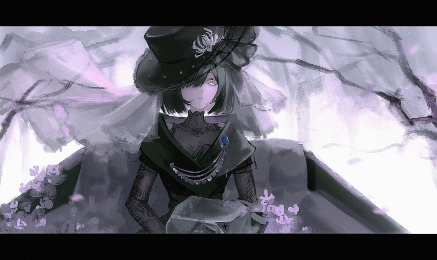 1girl absurdres bare_tree black_border black_dress black_hair black_hat black_jacket black_veil bob_cut border bouquet breasts brooch chrysanthemum cleavage commentary dress english_commentary fishnet_sleeves fishnets flower hair_over_one_eye hat highres holding holding_bouquet jacket jewelry layered_sleeves letterboxed long_sleeves looking_at_viewer necrologist one_eye_covered parted_lips pink_flower reverse:1999 see-through_cleavage see-through_clothes short-sleeved_jacket short_hair short_over_long_sleeves short_sleeves solo tilted_headwear tree upper_body veil white_flower yaqing yellow_eyes