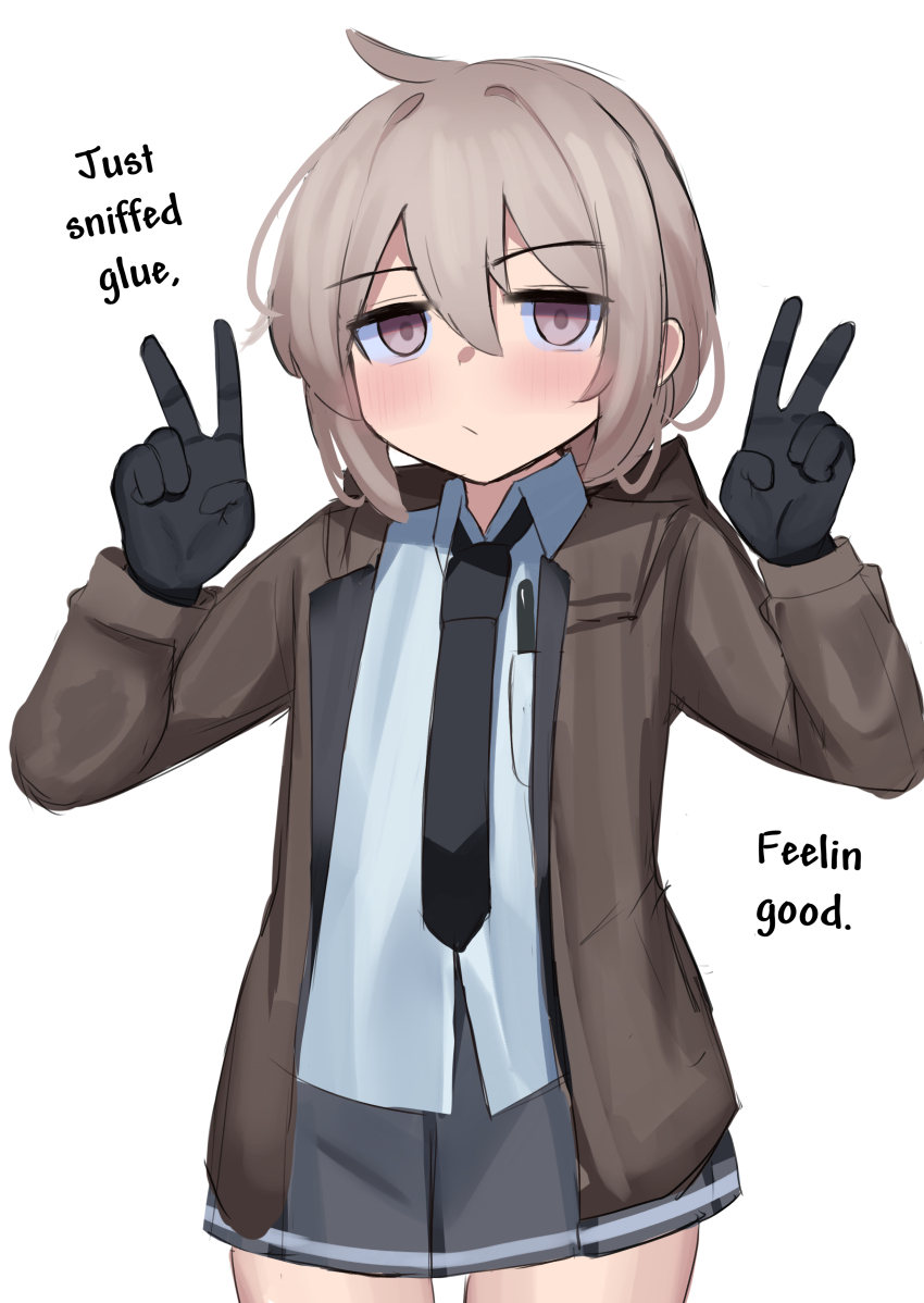 1girl absurdres black_gloves black_necktie black_skirt blue_shirt blush breasts brown_jacket collared_shirt double_v english_text expressionless girls&#039;_frontline gloves hair_between_eyes hands_up highres iog626 jacket light_frown looking_at_viewer m200_(girls&#039;_frontline) medium_hair necktie open_clothes open_jacket pleated_skirt purple_eyes shirt skirt small_breasts solo standing v