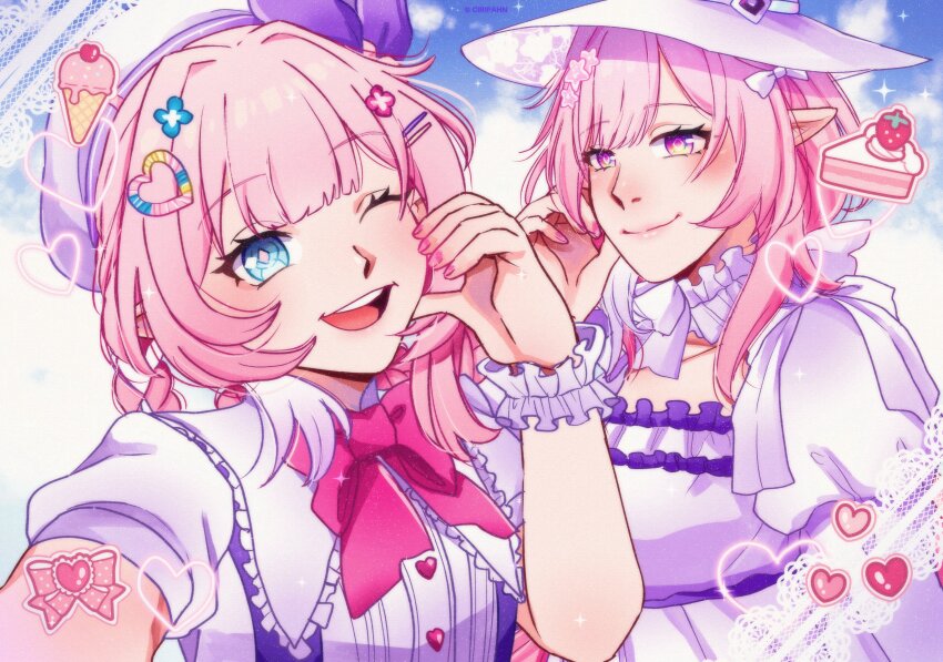 2girls absurdres beret blue_eyes breasts cake ciripahn commentary cyrene_(aedes_elysiae)_(honkai:_star_rail) cyrene_(honkai:_star_rail) cyrene_(ripples_of_past_reverie)_(honkai:_star_rail) diamond-shaped_pupils diamond_(shape) dress dual_persona english_commentary food hairband half-heart_hands hat highres honkai:_star_rail honkai_(series) ice_cream_cone large_breasts looking_at_viewer multicolored_hair multiple_girls pink_hair pointy_ears purple_eyes short_hair small_breasts smile strawberry_shortcake symbol-shaped_pupils two-tone_hair white_dress white_hair white_hairband