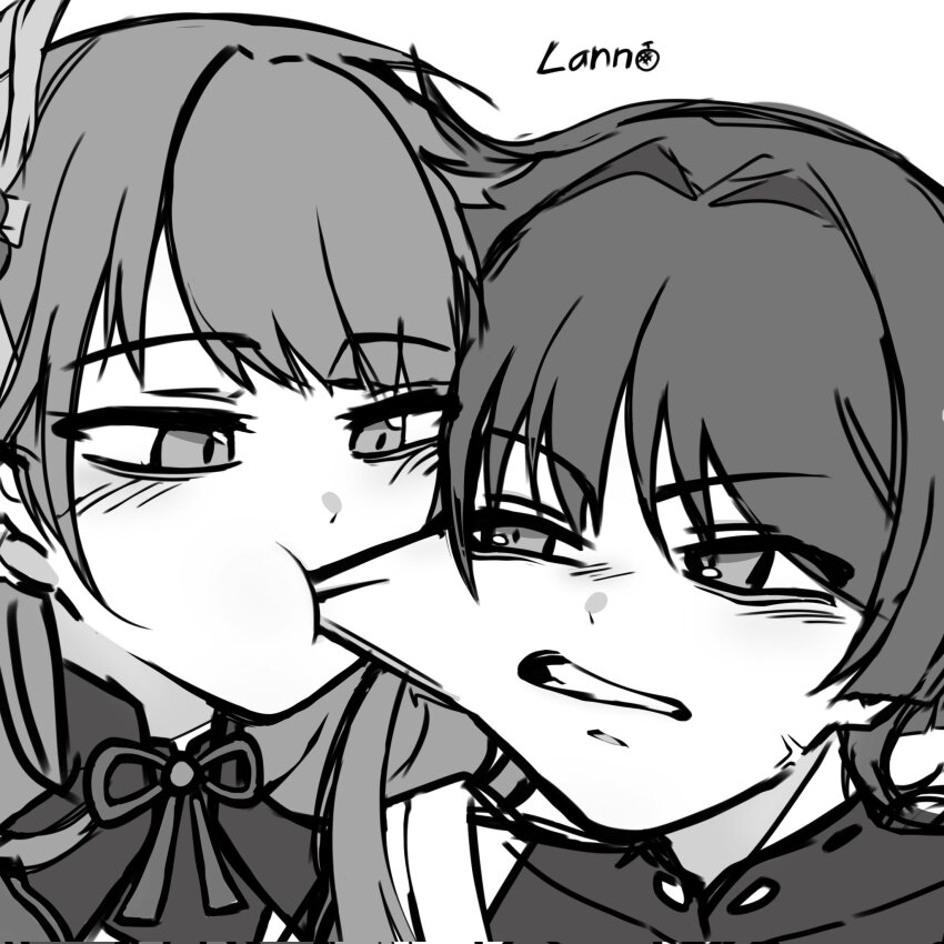 1boy 1girl anger_vein annoyed biting biting_cheek blunt_bangs blunt_ends bodysuit cheek_bulge cheek_pull clenched_teeth covered_collarbone genshin_impact greyscale hair_intakes heads_together highres lann_melon light_blush looking_at_another mandarin_collar monochrome mother_and_son raiden_shogun ribbon scaramouche_(genshin_impact) shoulder_peek shrug_(clothing) single_sidelock swept_bangs teeth tsurime wanderer_(genshin_impact) wispy_bangs