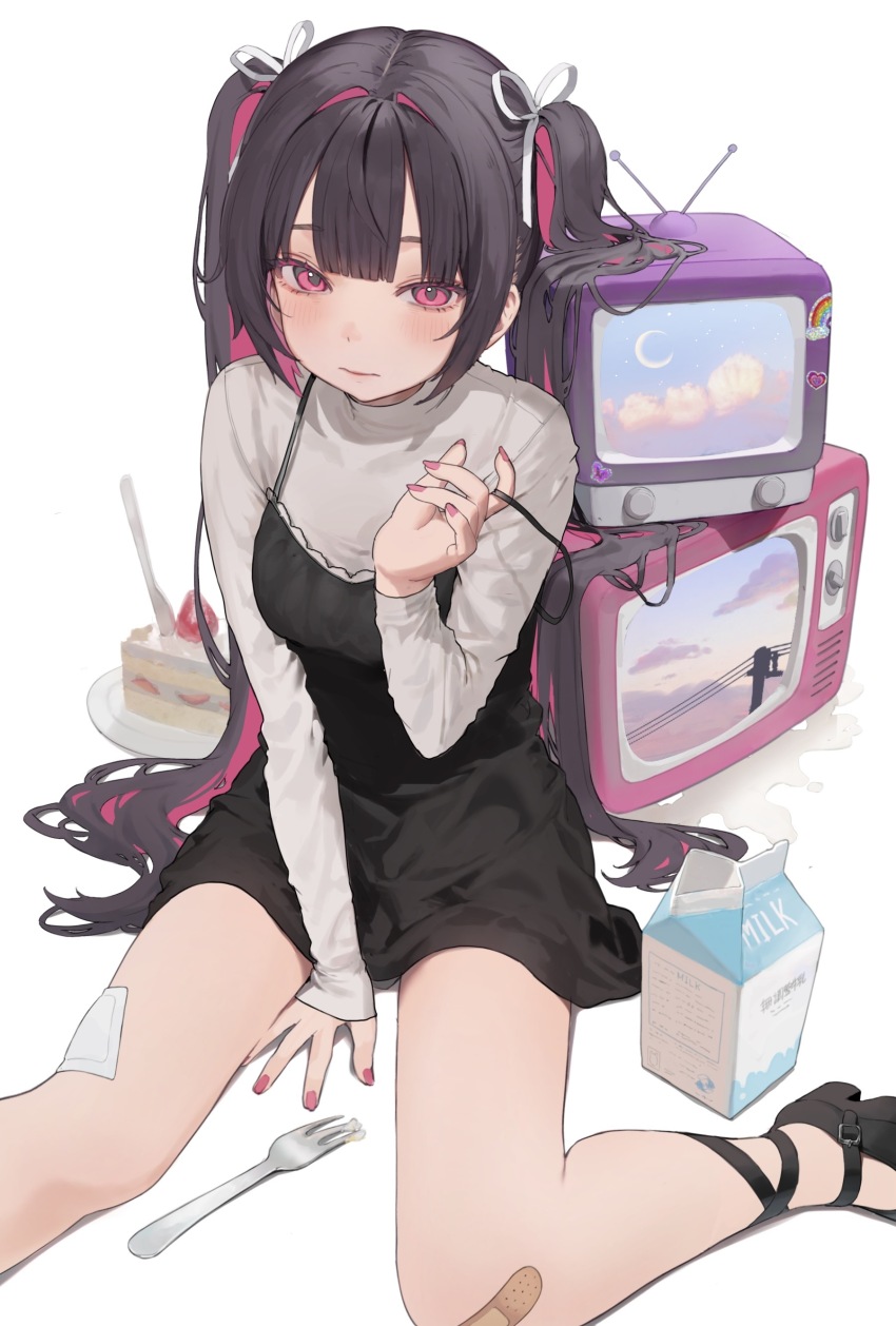 1girl absurdres bandaid bandaid_on_leg black_dress black_footwear blush cake cake_slice closed_mouth colored_inner_hair commentary_request crt dress dress_over_shirt food fork grey_shirt hair_ribbon hair_spread_out hamunezuko_(nezukonezu32) hand_up highres jun_(hamunezuko_(nezukonezu32)) knife long_hair long_sleeves looking_at_viewer milk_carton multicolored_hair nail_polish original pinafore_dress pink_eyes pink_hair pink_nails ribbon shirt sleeveless sleeveless_dress solo strap_slip twintails very_long_hair white_background white_ribbon