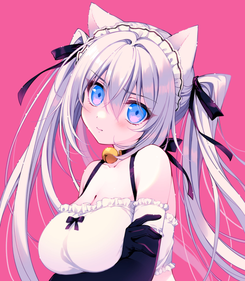 1girl animal_ears bare_shoulders bell black_choker black_gloves blue_eyes breasts cat_ears choker cleavage closed_mouth crop_top elbow_gloves fang frilled_gloves frilled_shirt frills frown gloves hair_ribbon highres jingle_bell large_breasts long_hair looking_at_viewer maid_headdress nikyuppa original pink_background ribbon shirt simple_background sleeveless sleeveless_shirt solo spaghetti_strap twintails upper_body v-shaped_eyebrows white_hair white_shirt