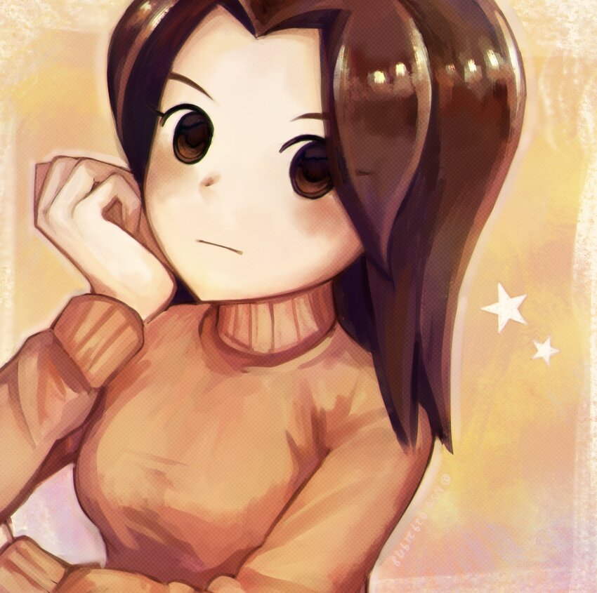 1girl animification blush breasts brown_eyes brown_hair closed_mouth expressionless hand_on_own_face head_rest highres long_hair long_sleeves looking_at_viewer medium_breasts mii_(nintendo) mii_gunner mii_gunner_(smash_4) nintendo nyo02921978 orange_sweater parted_bangs solo star_(symbol) super_smash_bros. sweater turtleneck upper_body