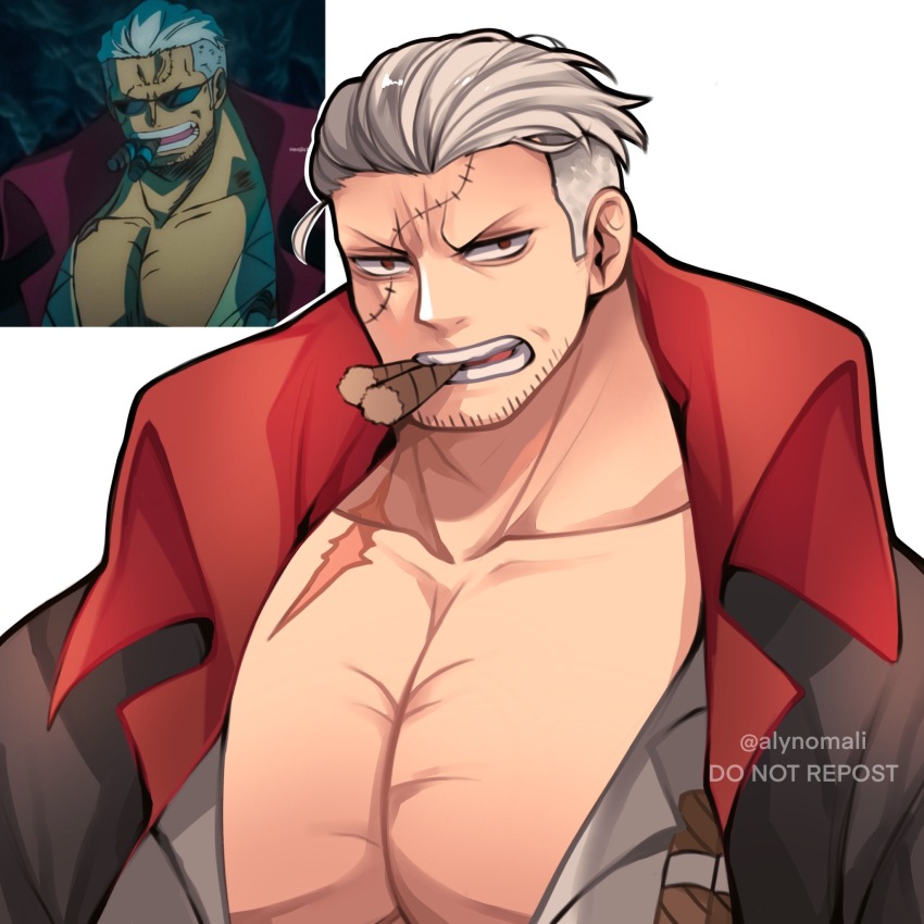 1boy alynomali bara cigar highres huge_pectorals male_focus muscular muscular_male one_piece pectoral_cleavage pectorals reference_inset scar scar_on_chest short_hair smoker_(one_piece) solo sparse_stubble stitches sunglasses tsurime upper_body white_hair