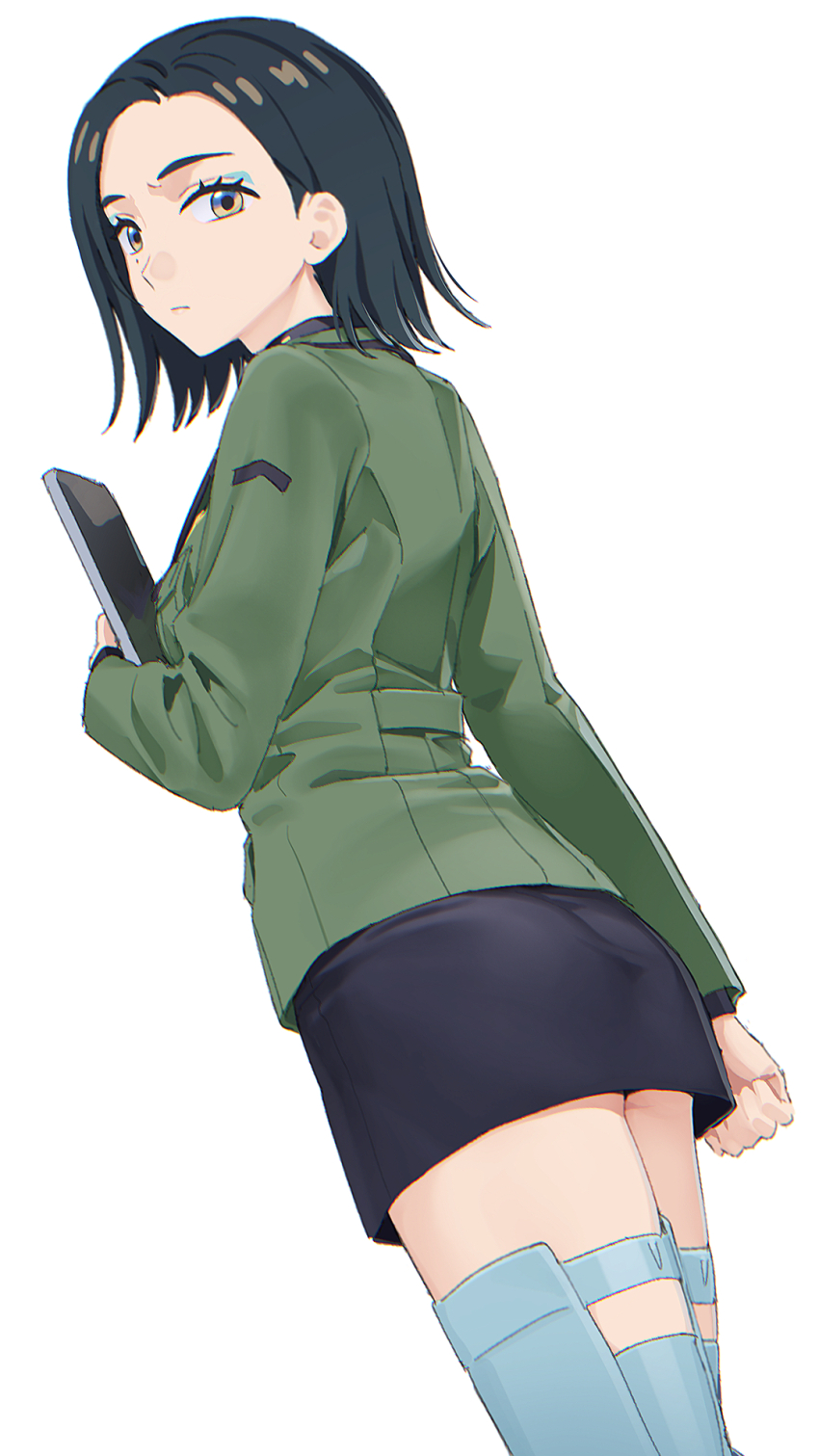 1girl black_hair black_skirt blue_thighhighs comoli_harcourt cowboy_shot forehead from_side green_jacket gundam gundam_gquuuuuux highres holding holding_tablet_pc jacket light_frown looking_at_viewer looking_back mikazuchi_zeus military_jacket military_uniform mole mole_under_eye short_hair simple_background skirt solo tablet_pc thighhighs white_background yellow_eyes