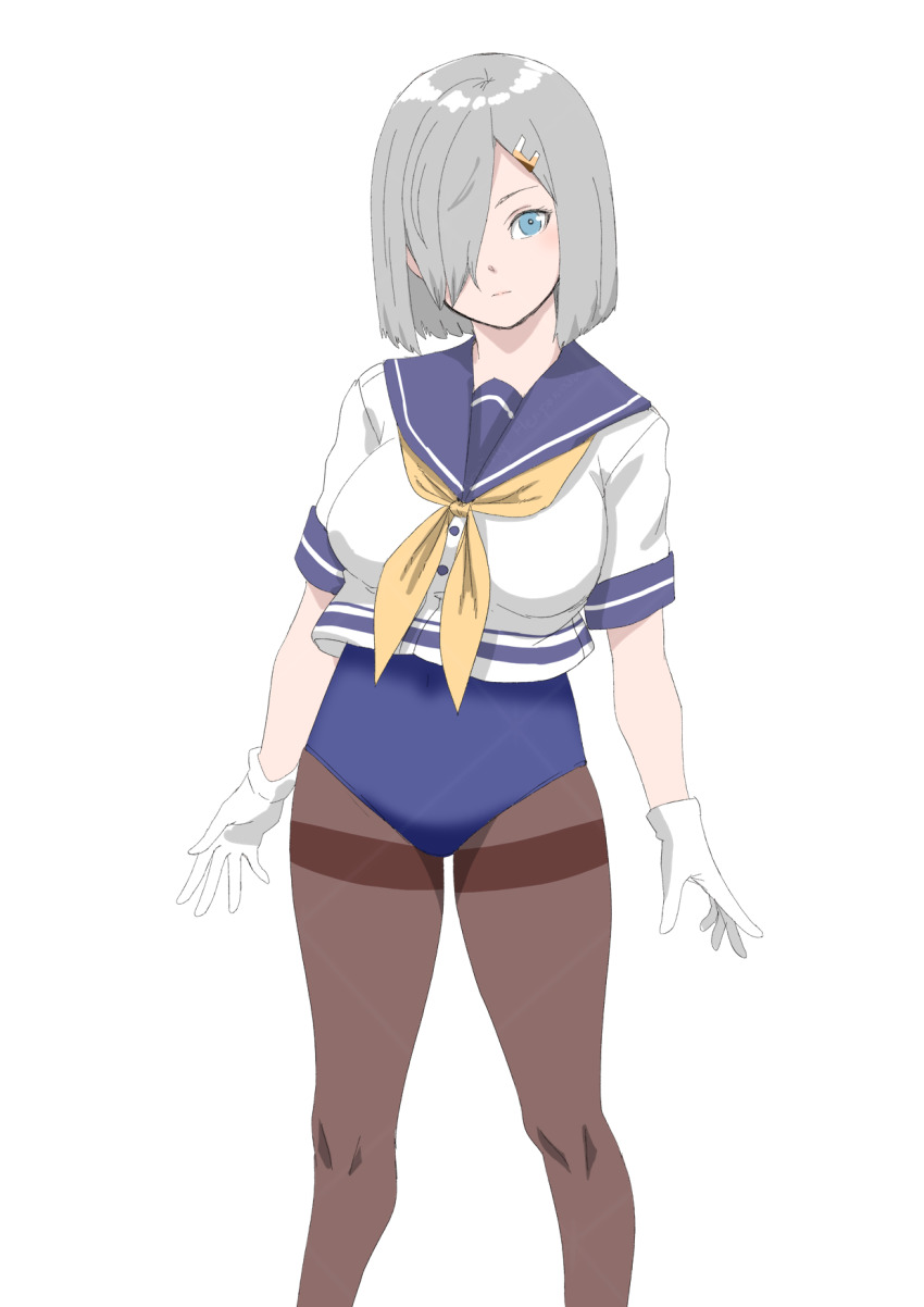 1girl 30-06 blue_eyes blue_one-piece_swimsuit blue_sailor_collar blush breasts brown_pantyhose gloves grey_hair hair_ornament hair_over_one_eye hairclip hamakaze_(kancolle) highres kantai_collection large_breasts looking_at_viewer old_school_swimsuit one-piece_swimsuit pantyhose pantyhose_under_swimsuit sailor_collar school_swimsuit school_uniform serasuku short_hair short_sleeves simple_background solo swimsuit swimsuit_under_clothes thighband_pantyhose white_background white_gloves