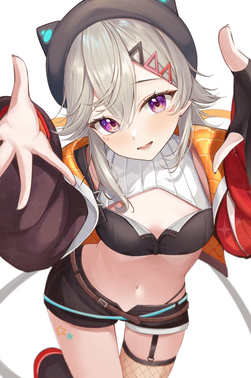 1girl absurdres animal_hat belt black_hat black_shorts blonde_hair blush brown_belt cat_hat crop_top facial_mark fishnet_thighhighs fishnets garter_straps hair_ornament hairclip hat highres horo_27 jacket komori_met komori_met_(5th_costume) looking_at_viewer lower_teeth_only navel open_clothes open_jacket open_mouth purple_eyes shorts single_thighhigh solo teeth thighhighs virtual_youtuber vspo! white_background