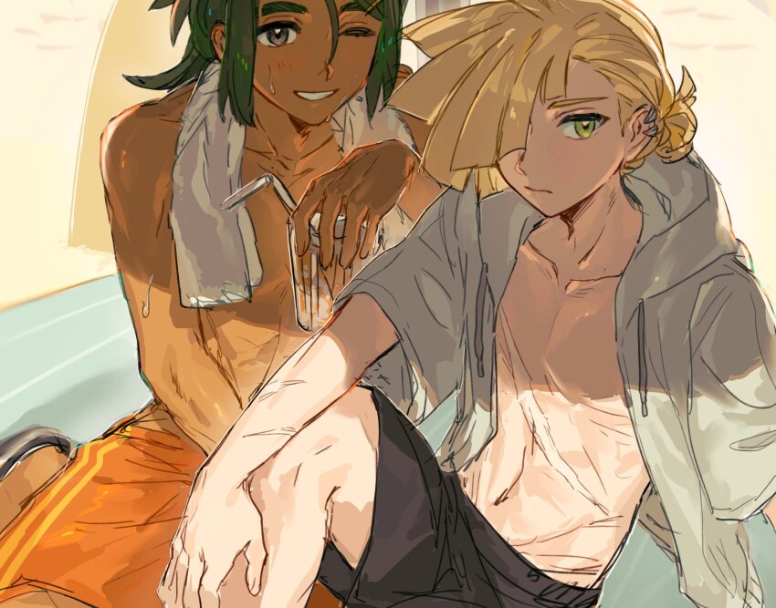 2boys black_male_swimwear blonde_hair closed_mouth collarbone dark-skinned_male dark_skin drawstring ear_piercing fua1heyvot4ifsr gladion_(pokemon) green_eyes green_hair grey_eyes grey_jacket hair_over_one_eye hau_(pokemon) highres hood hood_down hooded_jacket jacket looking_at_viewer male_focus male_swimwear multiple_boys nintendo open_clothes open_jacket orange_male_swimwear parted_lips piercing pokemon pokemon_sm sitting smile sweat swim_trunks toned toned_male topless_male