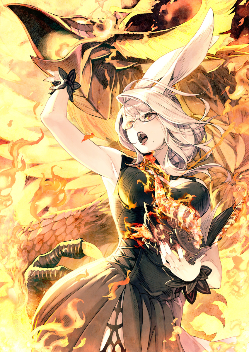 1girl absurdres animal_ears arm_up armpits bird black-framed_eyewear blonde_hair book brown_eyes burning feathers female_focus final_fantasy final_fantasy_xiv fingernails fire glasses glowing highres holding holding_book kyo_(kuroichigo) long_hair mole mole_under_mouth nail_polish open_book open_mouth phoenix phoenix_(final_fantasy) rabbit_ears red_lips red_nails slit_pupils solo summoner_(final_fantasy) talons teeth tongue viera