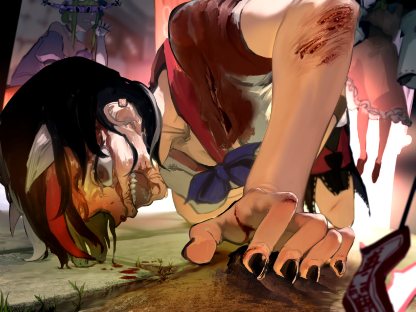 3girls all_fours biting black_choker black_dress black_hair black_nails bleeding blonde_hair blood blood_on_arm blood_on_clothes blood_on_face blood_on_ground blood_on_hands blood_on_leg blue_bow blue_bowtie bow bowtie breasts choker cleavage cone_horns covered_eyes cuts dango detached_sleeves dress earclip elbow_gloves fang floating food frilled_skirt frills gap_(touhou) gloves hair_bun hakurei_reimu hat head_out_of_frame highres horns hotoke_party injury kijin_seija large_breasts looking_up mob_cap multicolored_dress multicolored_hair multiple_girls off-shoulder_dress off_shoulder ofuda open_mouth parody perspective puffy_short_sleeves puffy_sleeves purple_dress red_dress red_hair red_shirt red_skirt ribbon-trimmed_sleeves ribbon_trim scrape scratches shirt short_hair short_sleeves sidelocks skirt sweat touhou translation_request wagashi white_dress white_gloves white_hair white_sleeves yakumo_yukari