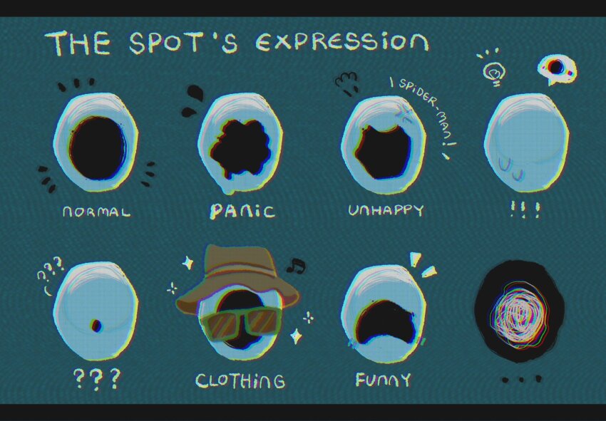 1boy anger_vein angry black_skin blue_background colored_skin commentary english_text expression_chart faceless gaito-san hat highres hole_in_head laughing light_bulb male_focus marvel melting musical_note ooze puff_of_air sparkle spider-man:_across_the_spider-verse spider-man_(series) spider-verse spot_(marvel) sunglasses sweat sweatdrop white_skin