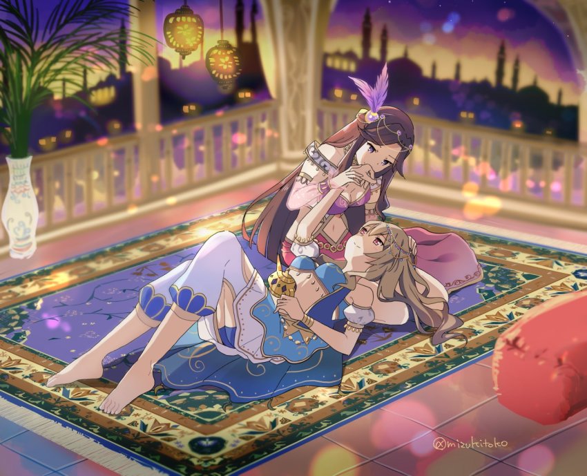 2girls arabian middle_eastern_architecture arabian_clothes artist_name barefoot breasts brown_hair carpet cleavage commission couple eye_contact feet female_focus kiss kissing_hand lens_flare long_hair looking_at_another medium_breasts midriff mizuki_toko multiple_girls navel official_alternate_costume oil_lamp pink_eyes plant potted_plant purple_eyes saijou_claudine shoujo_kageki_revue_starlight skeb_commission sky skyline smile star_(sky) starry_sky sunset tendou_maya tile_floor tiles toes twilight veranda yuri