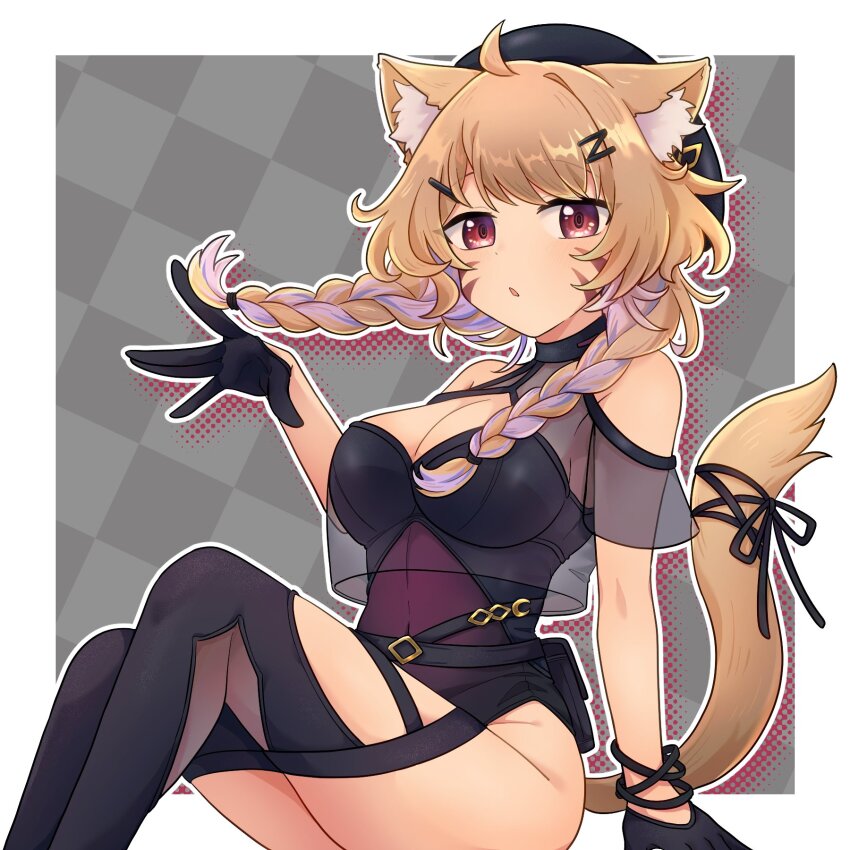 1girl ahoge animal_ear_fluff animal_ears black_gloves black_thighhighs blonde_hair breasts cat_ears cat_girl cat_tail facial_mark gloves hair_ornament hairclip hat highres indie_virtual_youtuber leotard long_hair looking_at_viewer medium_breasts multicolored_hair purple_hair red_eyes ribbon sabatha0424 second-party_source shyrei_faolan sitting solo tail tail_ornament tail_ribbon thighhighs two-tone_hair virtual_youtuber whisker_markings
