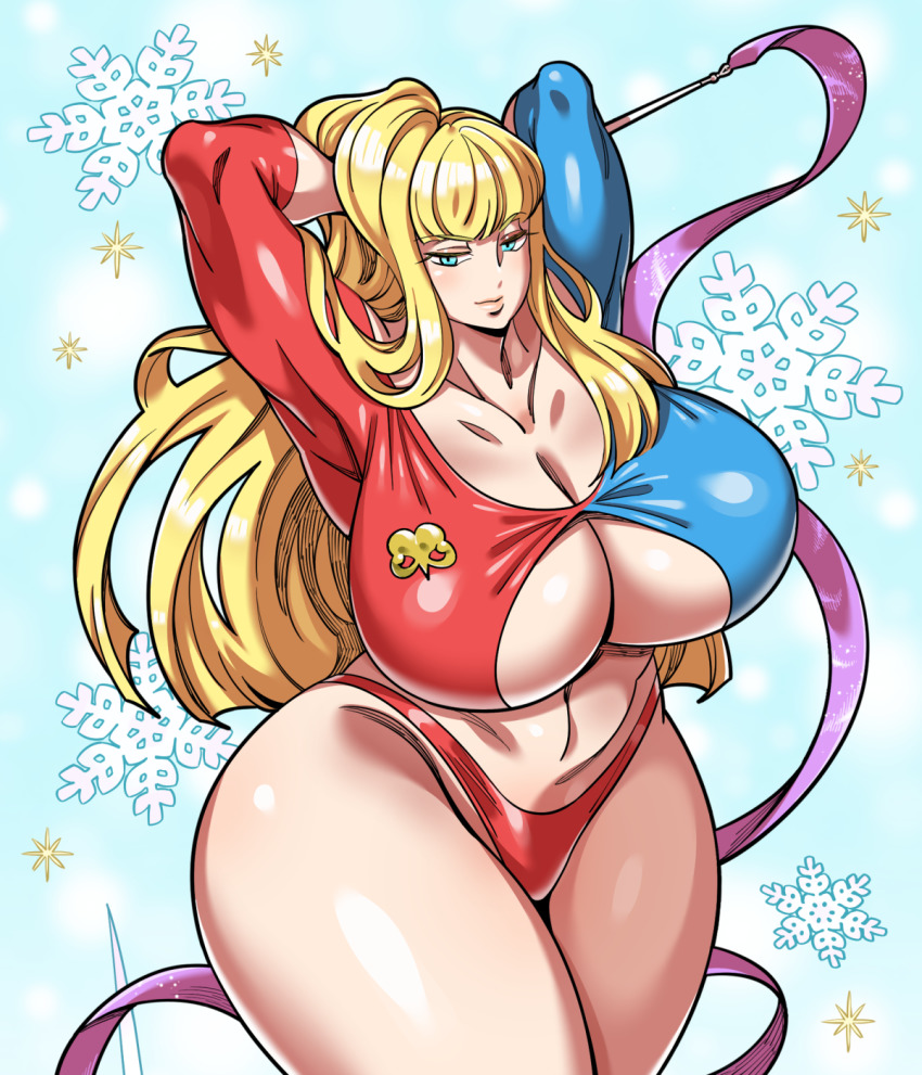 1girl armpits blonde_hair blue_eyes breasts cleavage cleavage_cutout clothing_cutout collarbone curvy doboshiru gymnast gymnastics gymnastics_ribbon half-closed_eyes hands_on_own_head highres huge_breasts ice kolin lips long_hair navel no_bra panties red_panties rhythmic_gymnastics ribbon side_ponytail snowflakes solo standing street_fighter street_fighter_v thick_thighs thighs underboob underboob_cutout underwear wide_hips