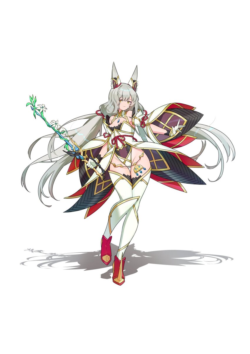 boots cat_girl full_body hehe_jun highres leotard nia_(blade)_(xenoblade) nia_(xenoblade) simple_background solo white_background white_boots wide_hips xenoblade_chronicles_(series) xenoblade_chronicles_2