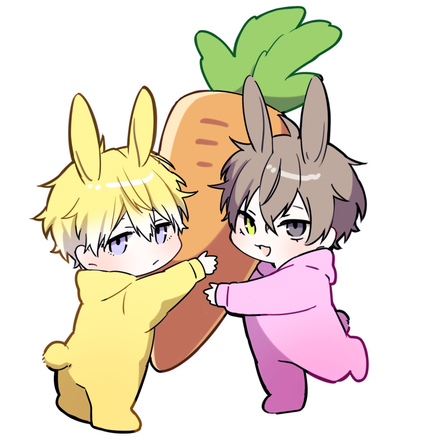 2boys alban_knox animal_costume animal_ears blonde_hair blue_eyes blush brown_hair carrot chibi commentary_request frown full_body grey_eyes heterochromia highres holding holding_carrot long_sleeves looking_at_viewer male_focus multiple_boys nana72710193 nijisanji nijisanji_en open_mouth rabbit_boy rabbit_costume rabbit_ears rabbit_tail simple_background smile sonny_brisko tail virtual_youtuber white_background yellow_eyes