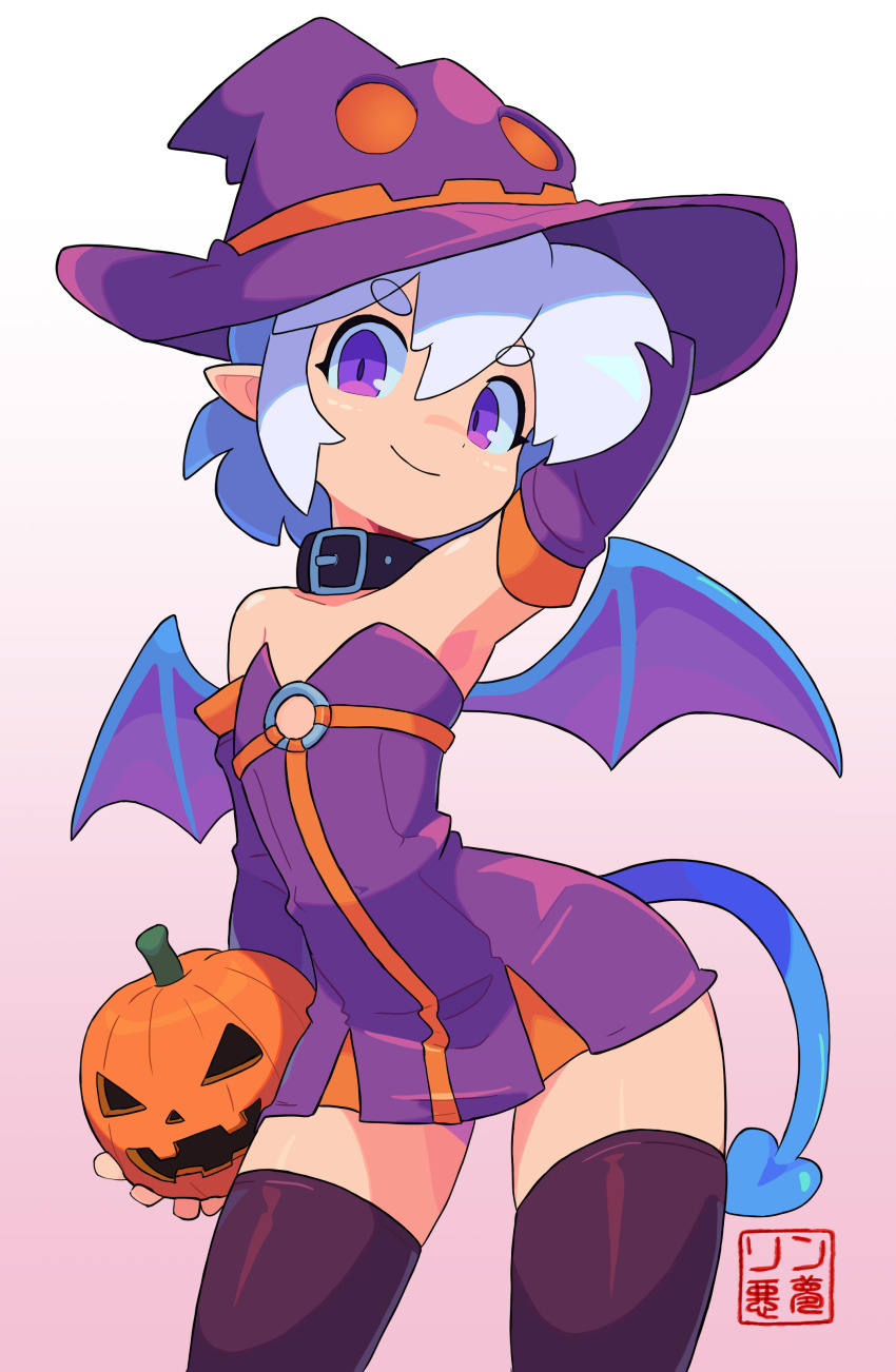 collar crossdressing demon demon_boy demon_horns demon_tail demon_wings detached_sleeves dress, femboy hat horns pointy_ears pumpkin purple_eyes shota sulfur tail thighhighs trap white_hair wings witch witch_hat