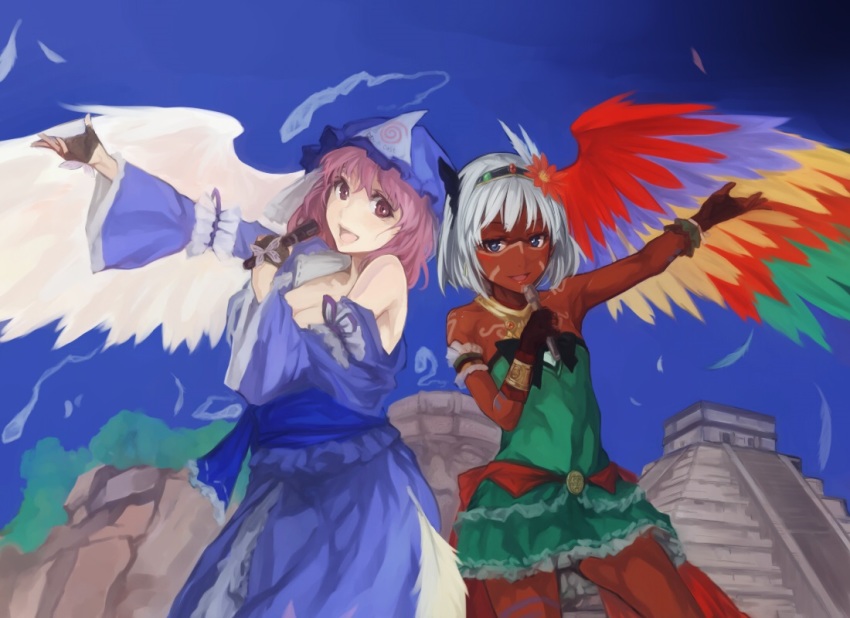 2girls architecture asatsuki_(cookie) aztec bare_shoulders black_gloves black_hairband blue_eyes blue_kimono blue_sky breasts brown_gloves bug butterfly cleavage commentary_request cookie_(touhou) cowboy_shot dark-skinned_female dark_skin dress facepaint feathered_wings feathers fingerless_gloves flower game_console gloves green_dress hair_flower hair_ornament hairband hat hitodama holding holding_microphone insect japanese_clothes kimono konpaku_youmu long_sleeves looking_at_viewer mesoamerica mesoamerican_architecture microphone mob_cap multicolored_wings multiple_girls nuppehofu_(nibuta) obi olmec_head open_mouth outstretched_arm pink_eyes pink_hair pyramid_(structure) red_flower saigyouji_yuyuko sash sega sega_dreamcast short_hair silver_hair single_wing sky smile standing strapless strapless_dress touhou triangular_headpiece vvan_(cookie) wavy_hair white_wings wide_sleeves wings