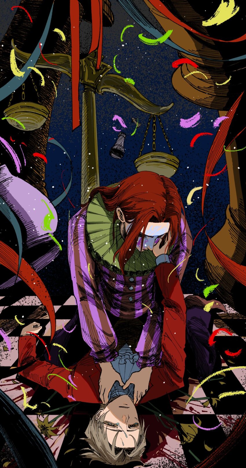 2boys ace_attorney ace_attorney_investigations ace_attorney_investigations_2:_prosecutor&#039;s_gambit ascot balance_scale blood chess_piece clown confetti curtained_hair flower formal_clothes from_above grey_eyes grey_hair highres long_hair long_sleeves male_focus miles_edgeworth multiple_boys neck_ruff parted_bangs red_hair red_suit simeon_saint straddling strangling striped_clothes suit tears thgcha4 tiger_lily tile_floor tiles vertical-striped_clothes weighing_scale white_ascot white_facepaint