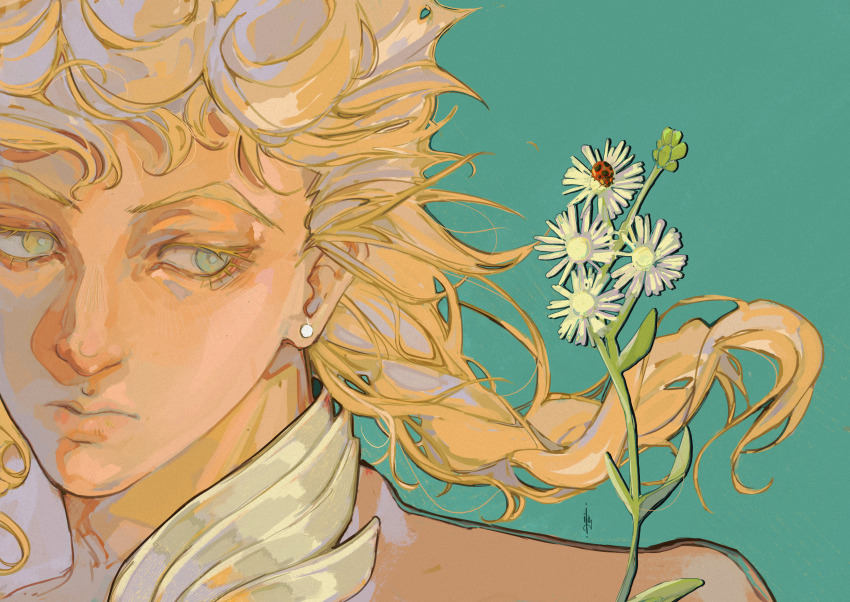 1boy absurdres animal bishounen blonde_hair braid bug colored_eyelashes commentary earrings english_commentary floating_hair flower giorno_giovanna green_background green_eyes highres insect jacket jewelry jojo_no_kimyou_na_bouken ladybug long_hair pink_jacket vento_aureo victory_rolls white_flower windsaor
