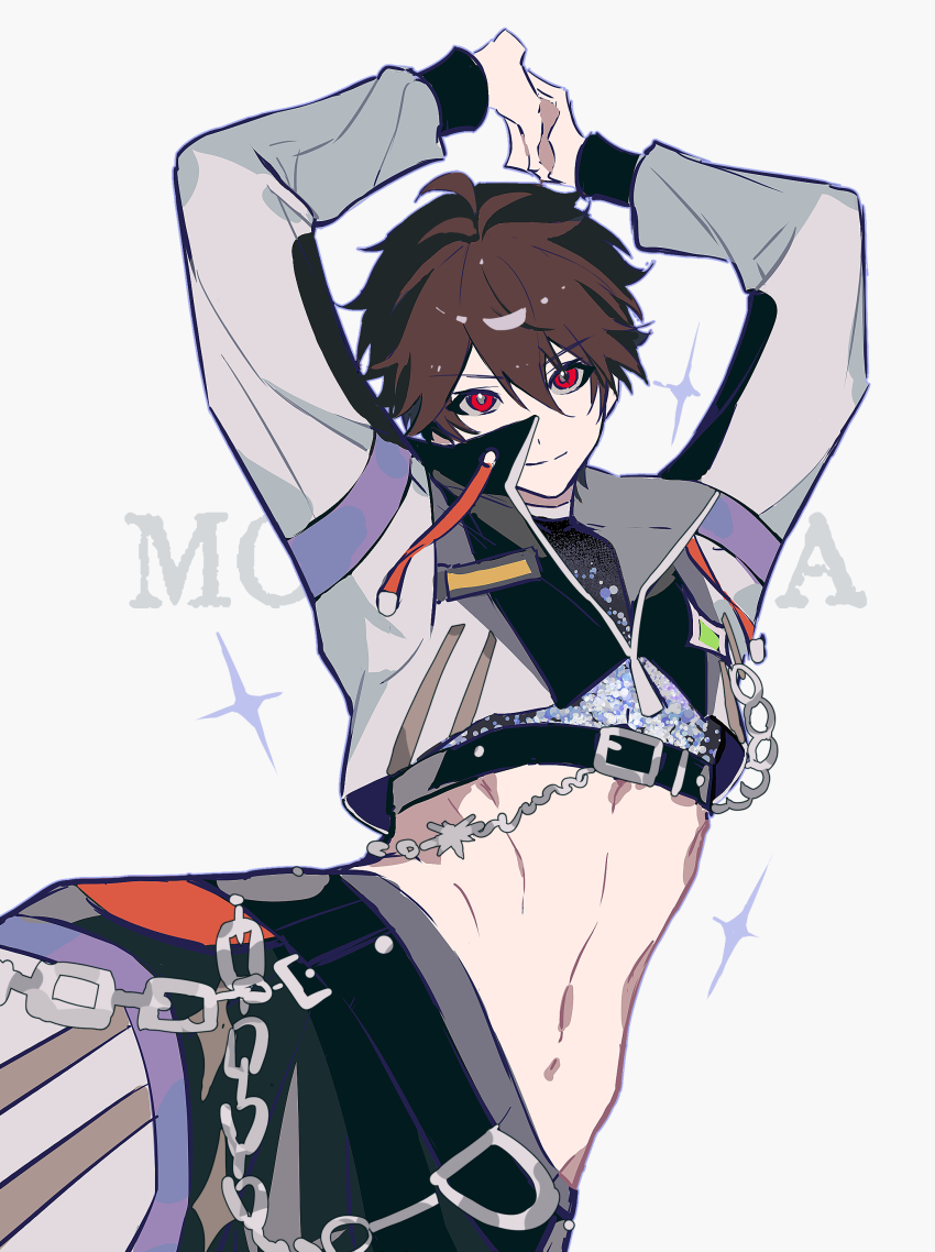 1boy absurdres arms_up belt black_belt brown_hair chain chinese_commentary closed_mouth crop_top cropped_jacket ensemble_stars! hair_between_eyes highres jacket long_sleeves looking_at_viewer male_focus midriff morisawa_chiaki navel official_alternate_costume own_hands_together ppzi567 red_eyes short_hair smile solo white_jacket